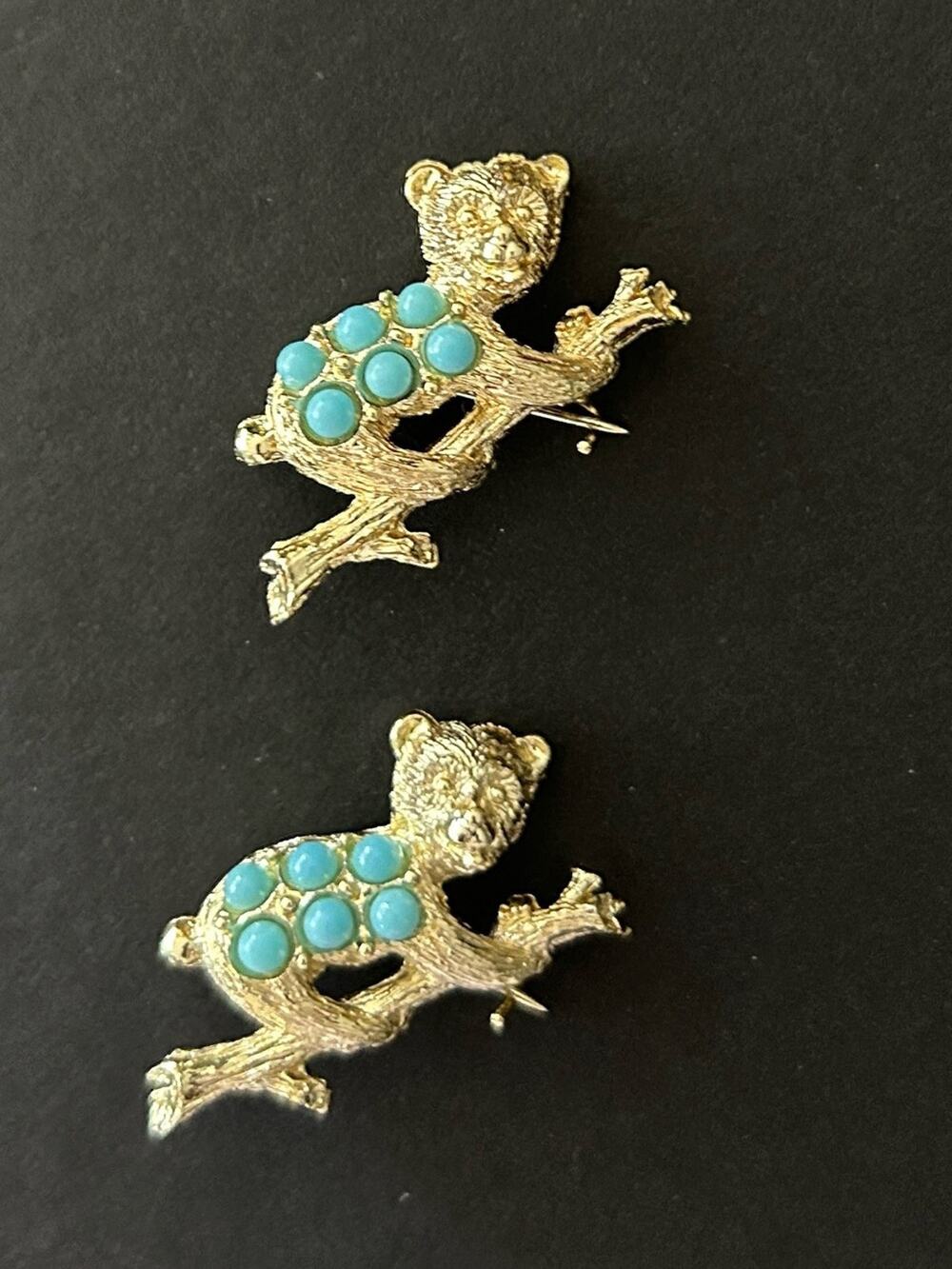 Vintage Set of Two Gold-Tone Bear Brooches with Turquoise Glass Accents